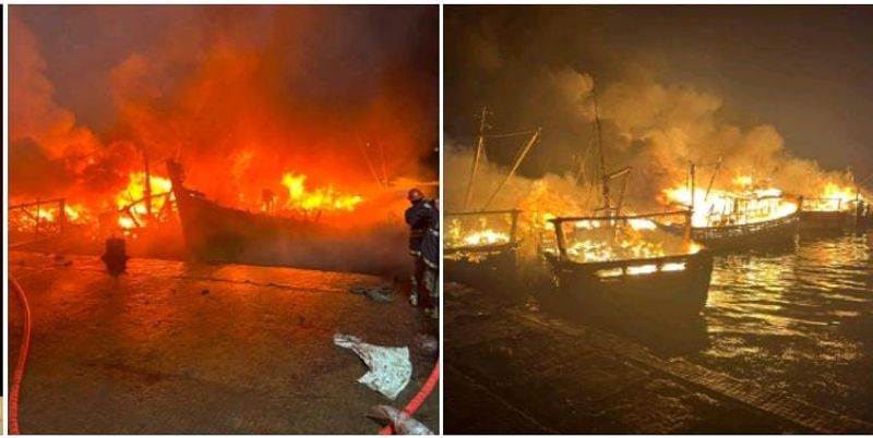 More than 50 boats were gutted in a fire at Visakhapatnam port KAK