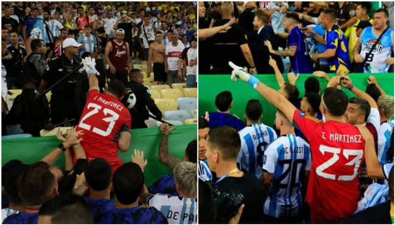 watch video argentine goal keeper trying to hit back brazilian police