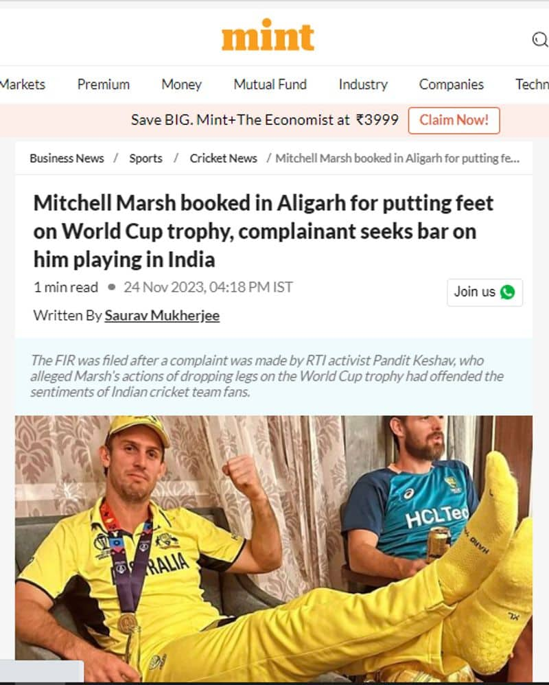 No FIR against Australian Cricketer Mitchell Marsh for feet propped up on the ODI World Cup Trophy jje