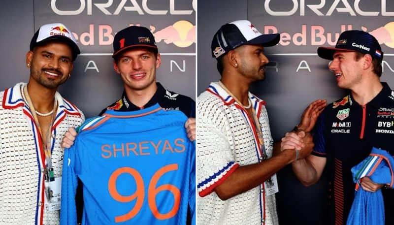 Max Verstappen presented with the Indian jersey by Shreyas Iyer in Abu Dhabi osf