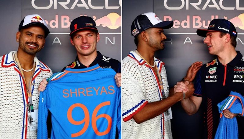 Max Verstappen presented with the Indian jersey by Shreyas Iyer in Abu Dhabi osf