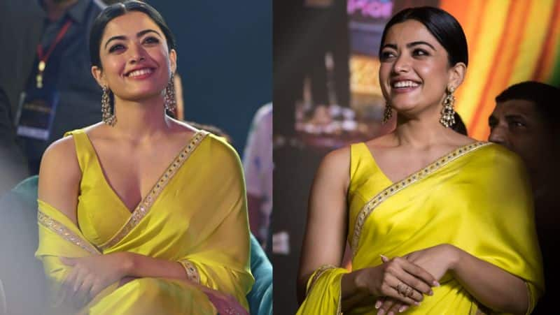 yellow saree photos of Animal heroine Rashmika Mandanna viral gan