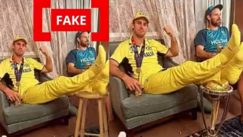 An edited photo of Mitchell Marsh with his feet on a stool instead of a World Cup trophy is going viral rsk