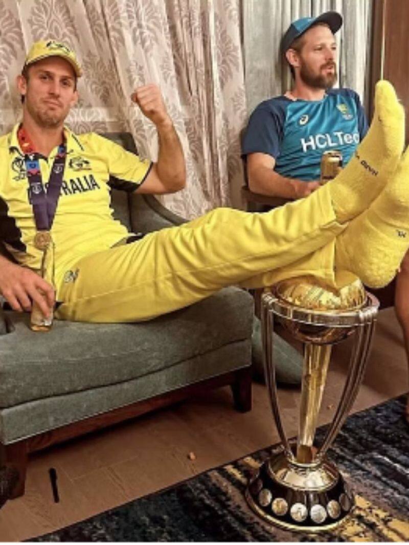 Mitchell Marsh break silence on feet propped up on the odi world cup trophy 2023