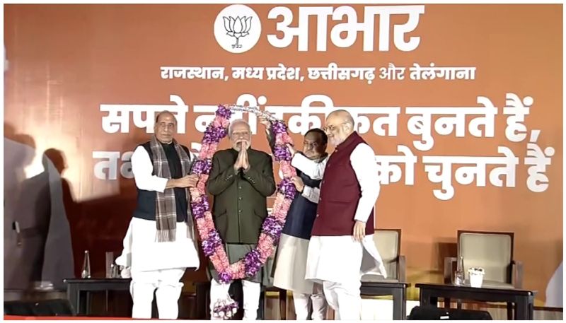 PM Narendra Modi addresses party workers at victory celebrations in BJP HQ after thumping victory in 3 states ksp