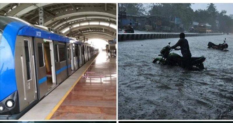 Rain water surrounds the metro station