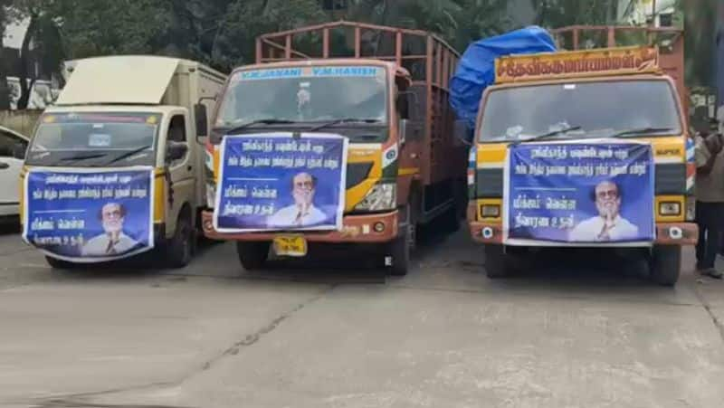 Rajinikanth send 15 vehicles of flood relief to chennai people affected by cyclone michuang gan