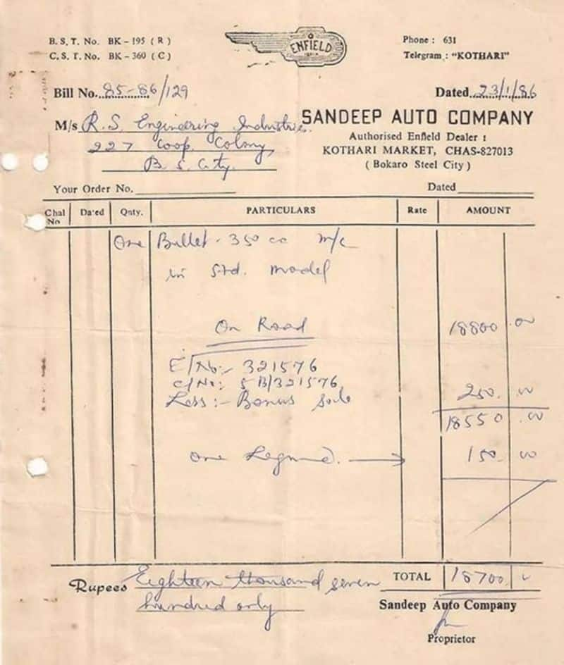 Royal Enfield Bullet 350cc Bill From 1986 Goes Viral sgb