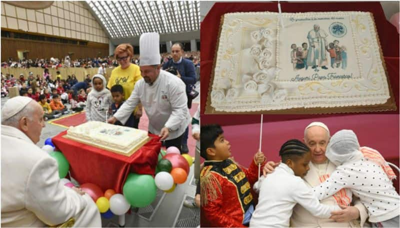 kids tastes birthday cake before pope Francis cutting it, reaction video attractive etj