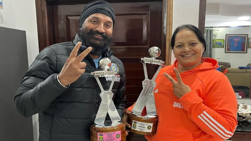 Arshdeep Singh Parents with Man Of The Match and Man Of The Series awards from Arshdeep Singh in 3 match ODI Series against South Africa rsk