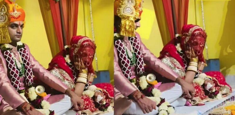 Bride sleeps while marriage rituals groom did cute action