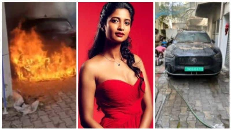 actress keerthi pandian tweet about neighbour mg zs ev car fire accident vvk