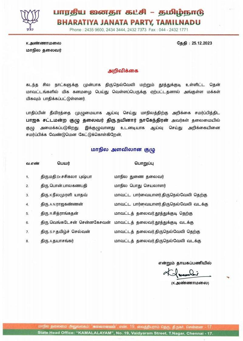 Annamalai orders formation of a committee on behalf of BJP to calculate the damage caused by floods KAK