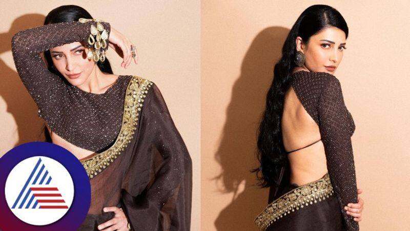 Actress Shruti haasan Black Backless Blouse Saree Look Goes Viral gvd