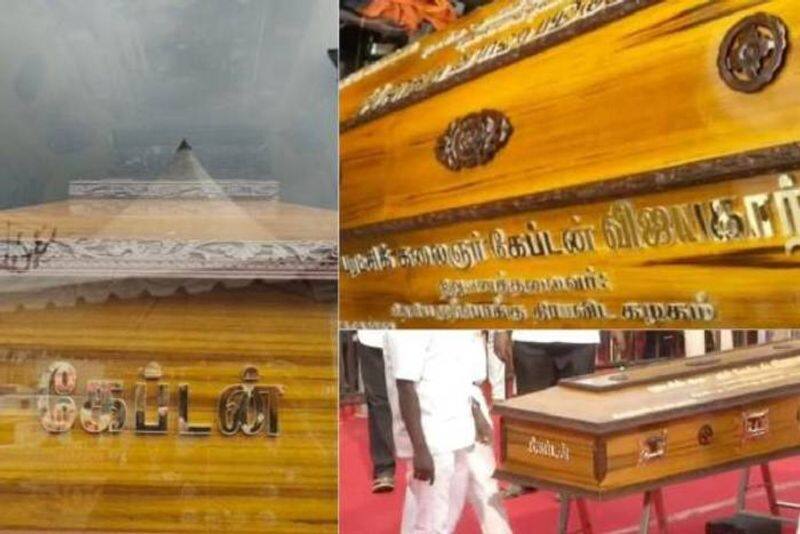 Captain Vijayakanth death funeral What are the words in the sandalwood coffin? Rya