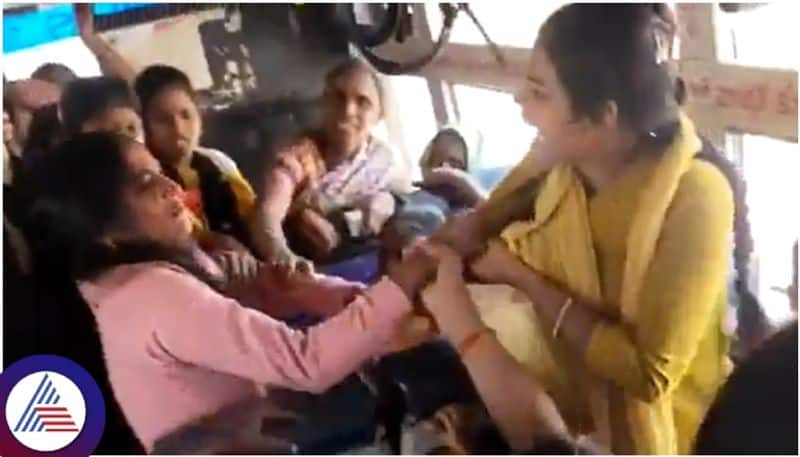 Congress Guarantee Shakti Scheme Free bus travelling women fighting for seats sat