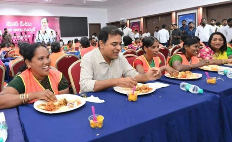 BRS Working President KTR Lunch with Sanitary Workers AKP