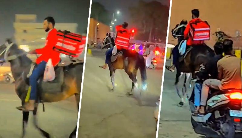 Viral video Zomato agent delivers orders on horseback in Hyderabad amid long queues at petrol pumps watch gcw