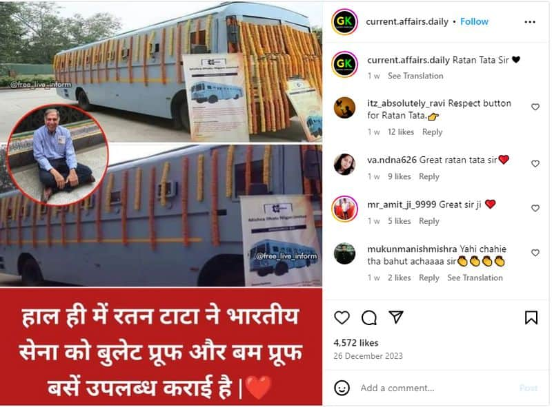 ratan tata provided bulletproof buses to the indian army here is the fact check jje 