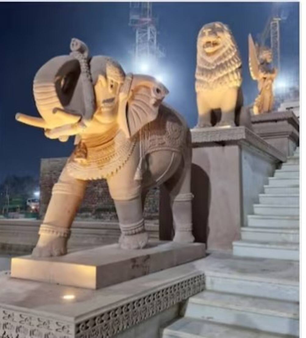 Ram Mandir inauguration statues of elephant lion lord hanuman installed at entrance gate suh