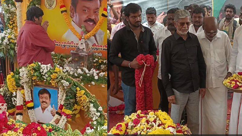 Jayam Ravi, SA chandrasekar and Karthik subbaraj visit vijayakanth memorial gan