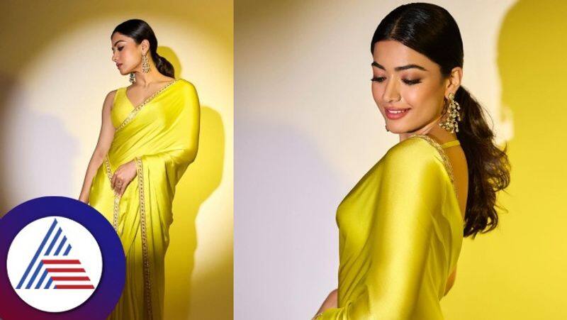 Rashmika Mandanna Slays in Lemon Yellow Satin Saree See Pushpa 2 Actress Stunning Pictures Here gvd