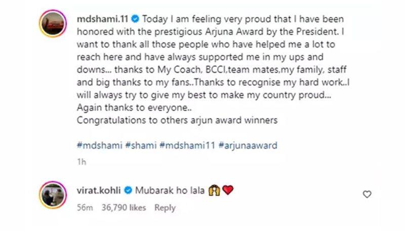 cricket Virat Kohli congratulates Mohammed Shami on Arjuna award with a spirited 'Mubarak ho lala' osf