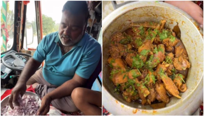 man cooking chicken curry inside truck the video going viral