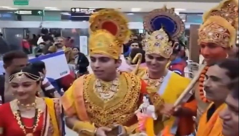 First flight from Ahmedabad to Ayodhya. Passengers dressed as Rama, Sita and Hanuman..ISR