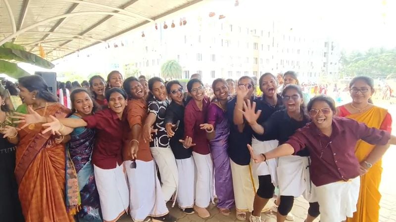 lady students wearing dhoti and shirt and dance in pongal festival at college in tirupur vel