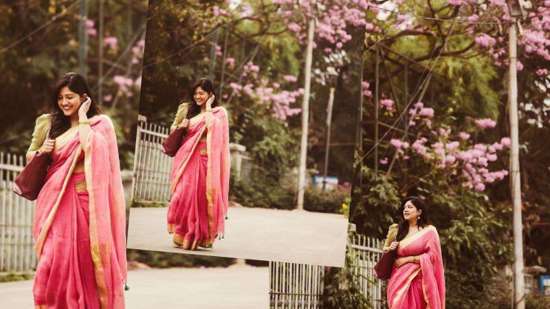 Amidst the pink flowers blooming everywhere in Bengaluru, Actress Meghana Shankarappa photoshoot Vin