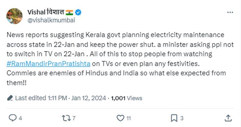 Ayodhya Ram Mandir Inauguration power shut in Kerala on January 22 is fake news fact check 