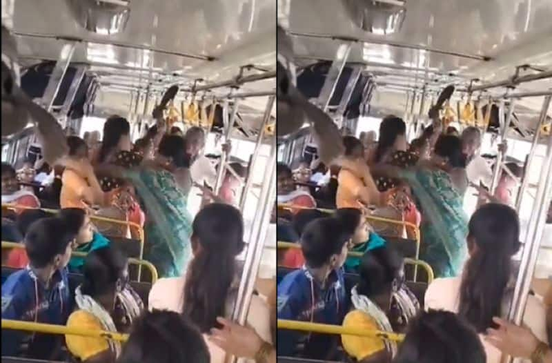 TSRTC Mahalakshmi Scheme ... Womens fight for seat in Telangana RTC Bus AKP