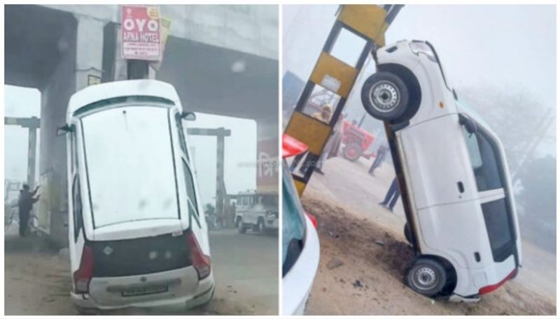 Viral video of Maruti Wagon R parked upright due to collision in foggy weather