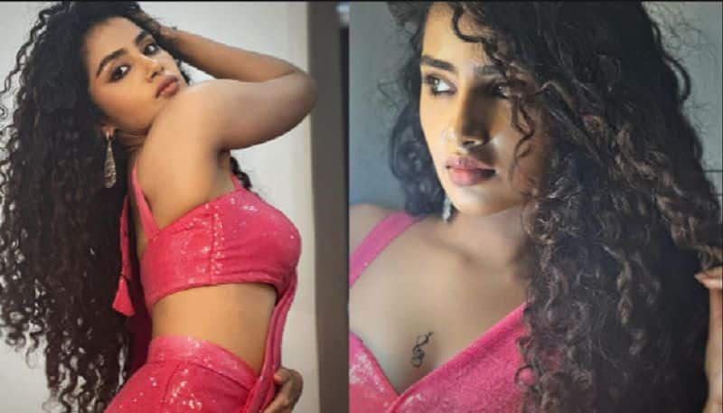 Actress Anupama Parameshwaran Hot look in Shining pink saree, Netisens comment about Tattoo Vin