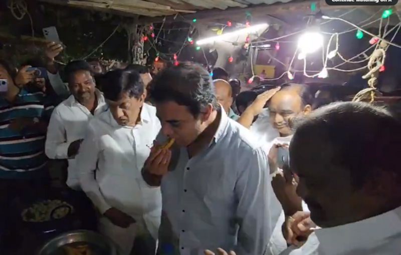 BRS Working President KTR Tasted Mirchi Bajji in road side hotel AKP 