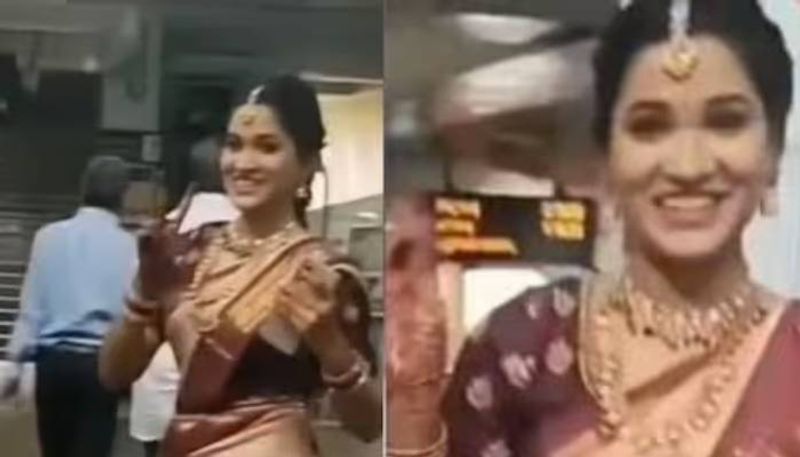 Peak Bengaluru bride taking metro to reach wedding venue rlp