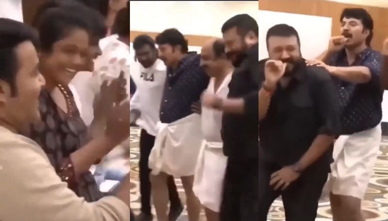 mammootty and jayaram dance in front of mohanlal tamil movie audience hails the unity of mollywood stars viral video nsn