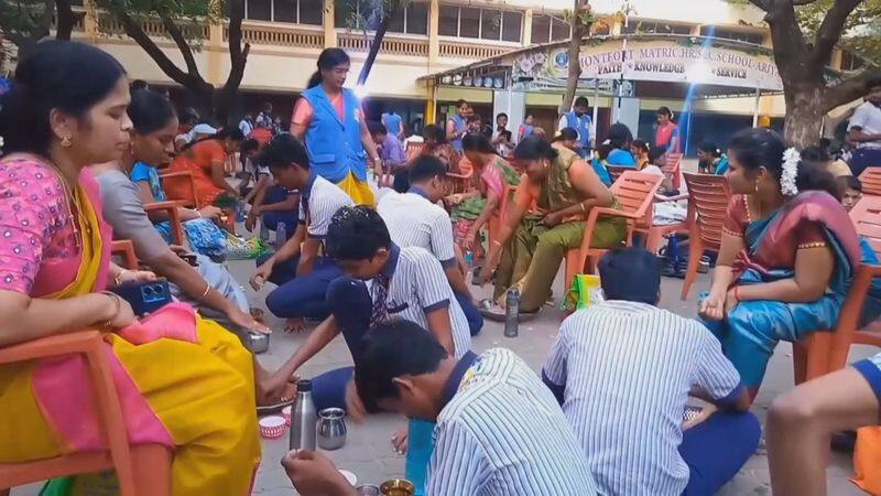 private school students wash their parents feet those students are write a public exam in ariyalur district vel