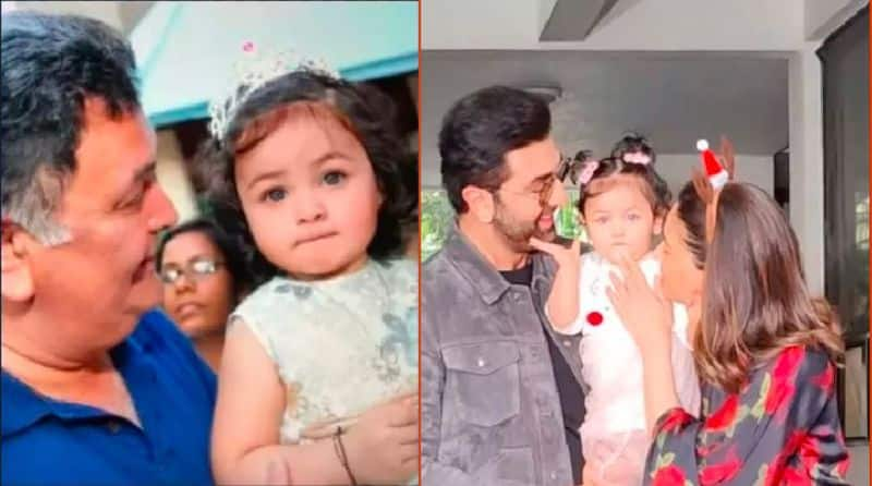 Ranbir Kapoor And Alia Daughter Raha in legend Actor late rishi kapoors Hand, Nitu kapoor reacts to Fan made AI photo of Raha and rishi together akb 