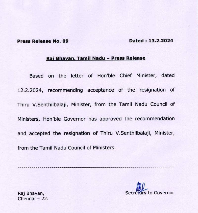 The Governor House accepted the resignation of Senthil Balaji who stepped down as Minister KAK