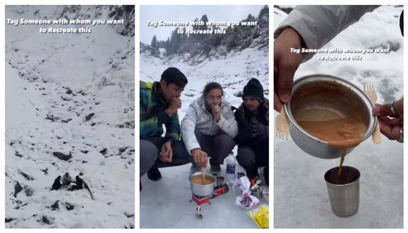 Men Make Tea Using Ice From Frozen Stream at kashmir video viral bkg