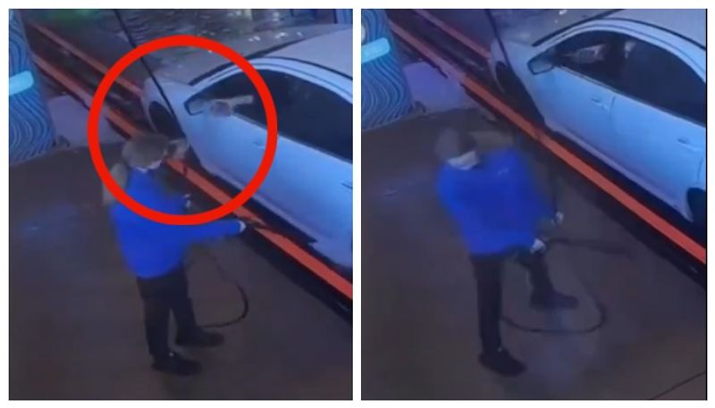 video of an car owner throwing water at a car washing employee goes viral bkg