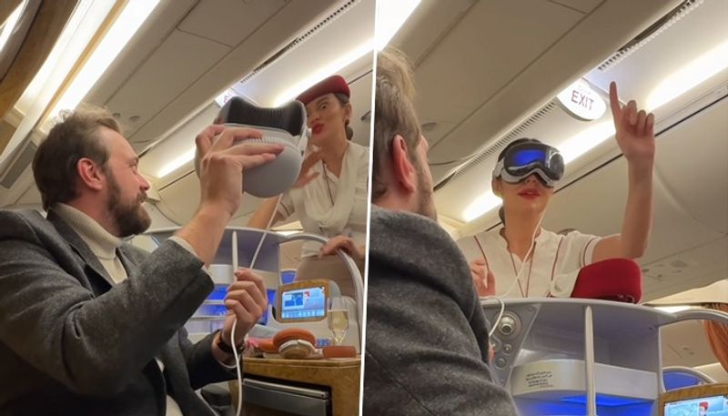 Viral video Emirates air hostess tries Apple Vision Pro on flight airline netizens react WATCH gcw