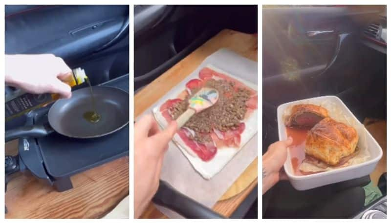 video of a young man preparing Beef Wellington by driving a BMW has gone viral bkg