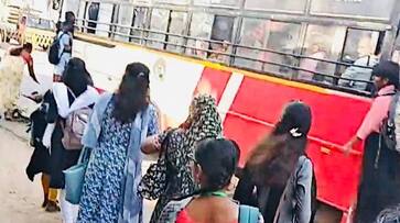 Telangana woman narrowly escapes death after almost slipping under bus in Lothkunta (WATCH)