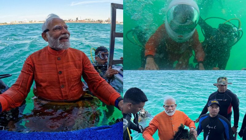 P M Modi offered prayers at the Dwarkadhish Temple in Dwarka by diving into deep water