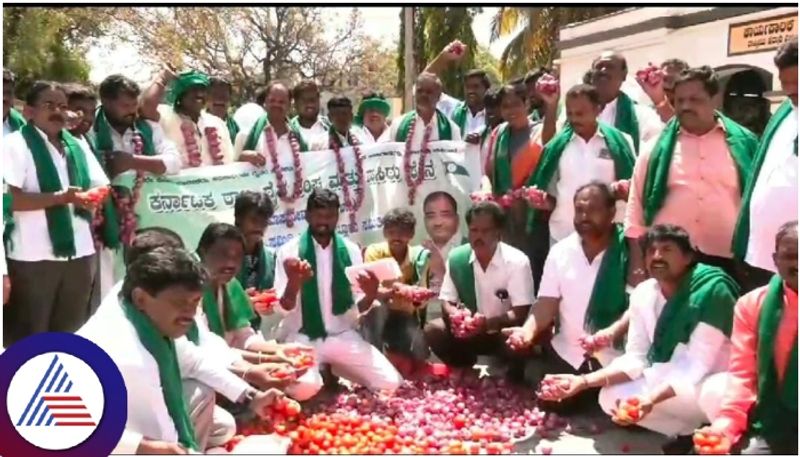 Tomato and Onion price drop chitradurga farmers protest by throwing vegetables on road sat