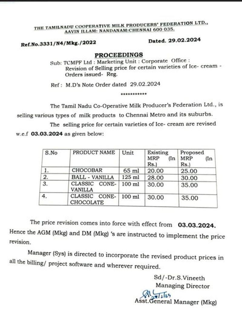 Aavin ice cream price increase tvk