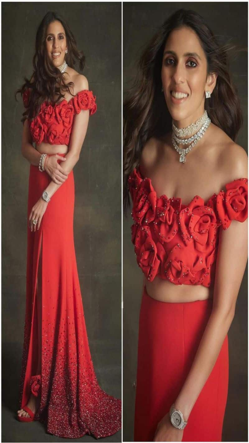 shloka mehta wore Valentino red gown anant ambani pre wedding photos shloka mehta lehenga design kxa 